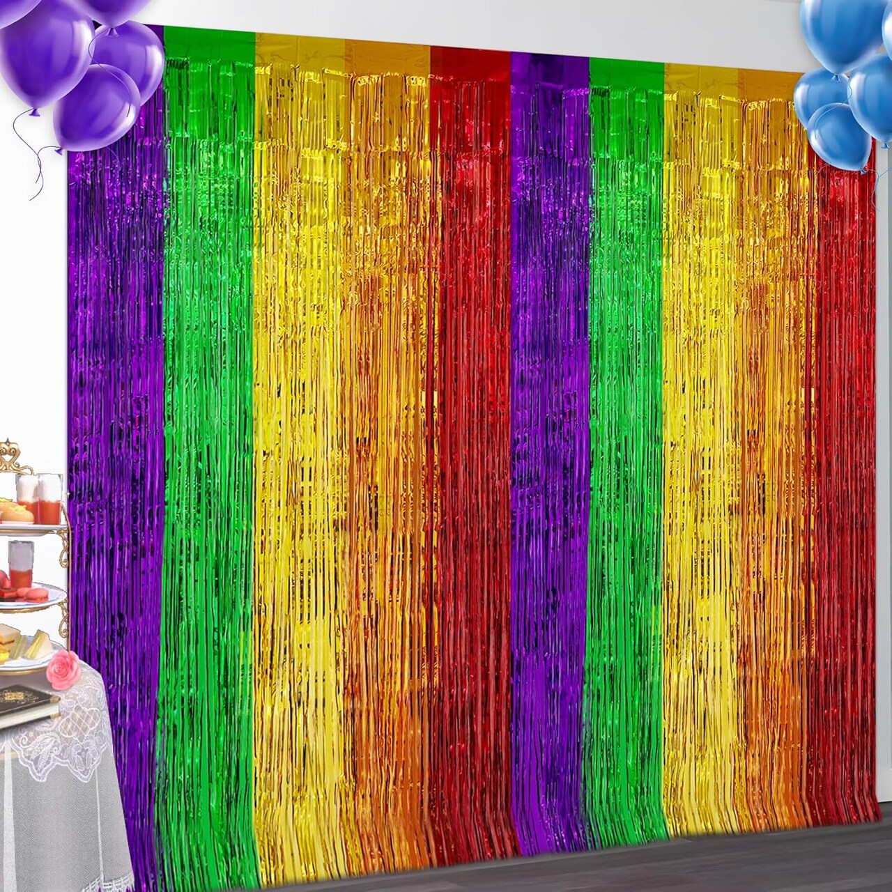 2 Pack 3.2ft x 9.8ft Rainbow Colored Pride Flag Metallic Foil Fringe Curtain, 5 Colors